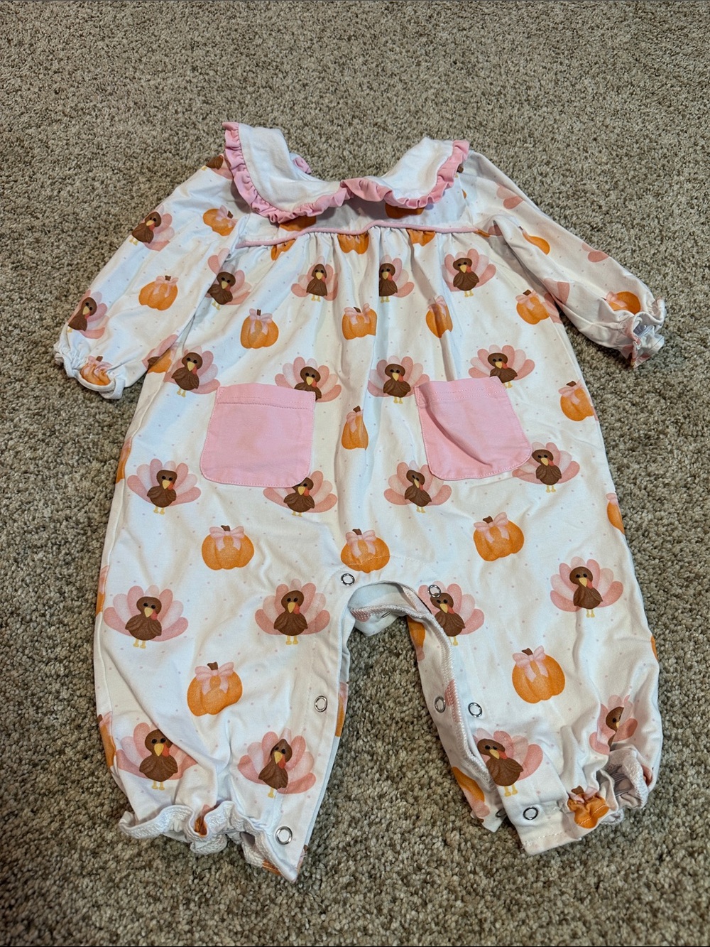 Baby Girls White Pink Turkey & Pumpkin Romper